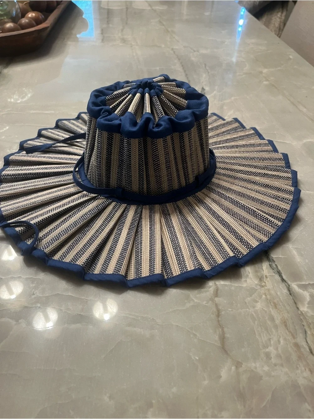 Striped blue and Cream Pleated Wide-Brim Sun Hat Lorna Murray